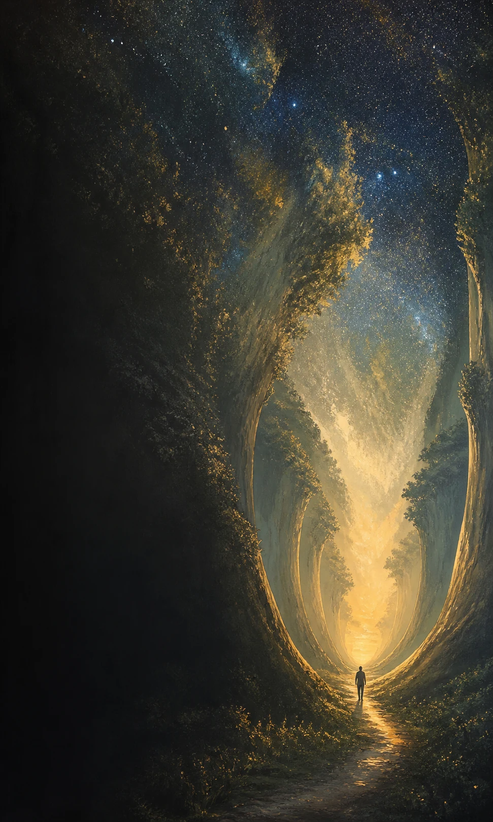 A solitary person walks toward warm light beneath towering trees and a celestial canopy
